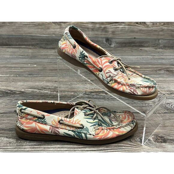 SPERRY TOPSIDERS Womens Size 7 Boat Shoes Seaweed Sand Canvas Leaf Print Sneaker - Picture 1 of 8
